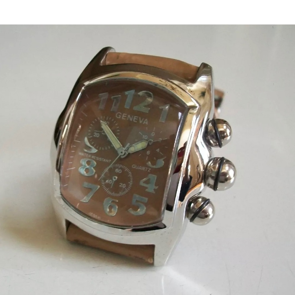 MEN'S BEIGE/SILVER FINISH STIFF LEATHER BAND FASHION DRESSY/CASUAL WATCH